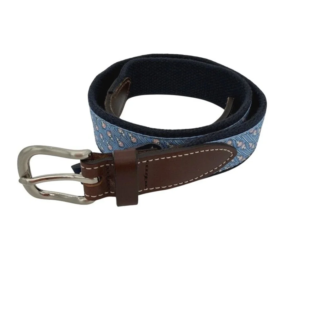 Vineyard Vines Men's Belt Size 28 Blue Whale Print Canvas‎ w/ Leather Tabs NWOT